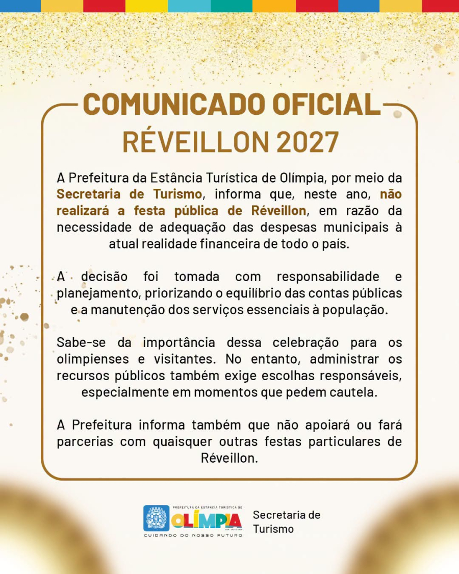Prefeitura não realizará festa de Réveillon 2027 em Olímpia